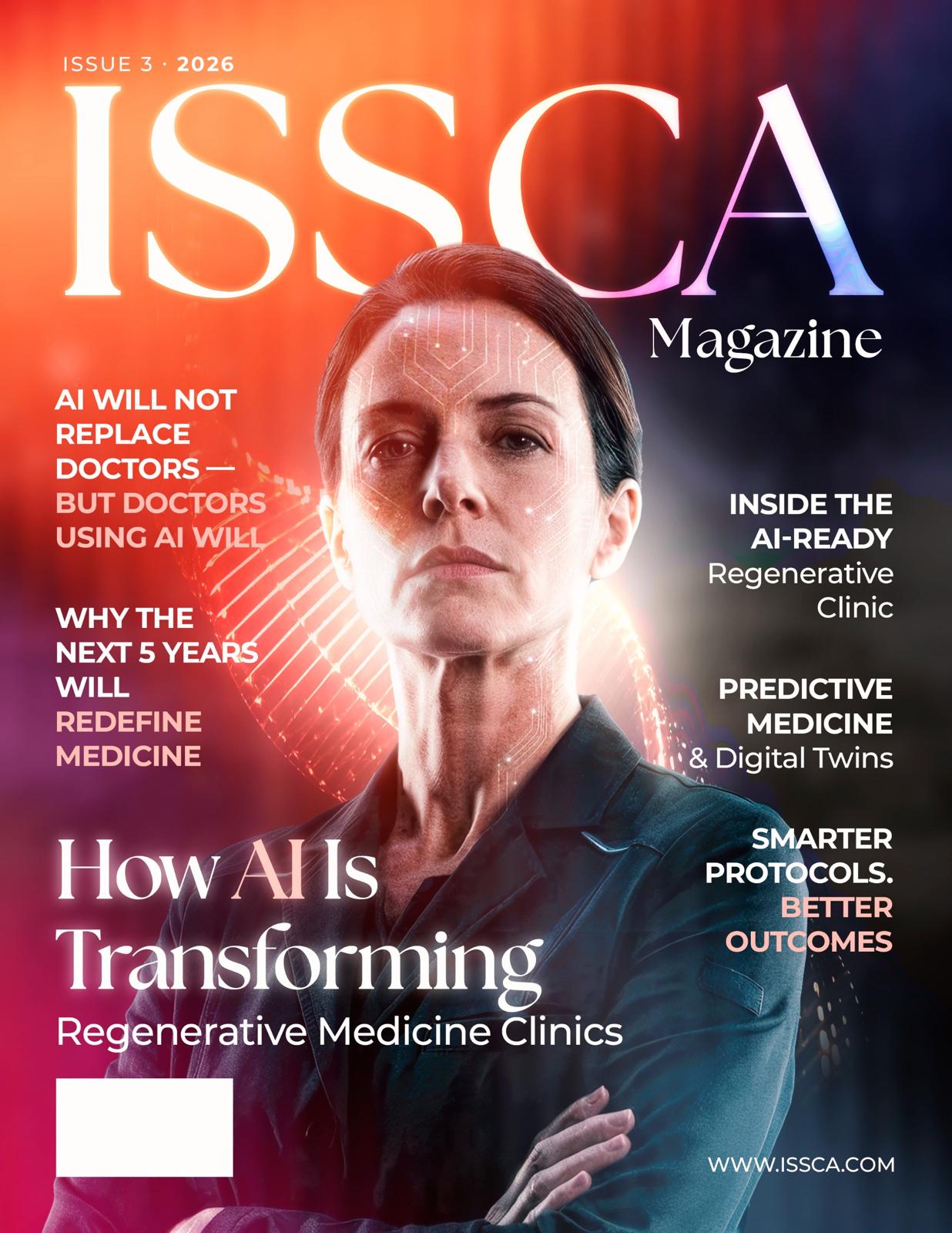 ISSCA Magazine cover — How AI is transforming regenerative medicine clinics